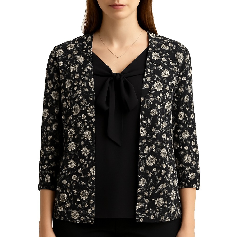 Cocomo Black White Floral Print Open Front Cardigan Top with Built-In Cami L